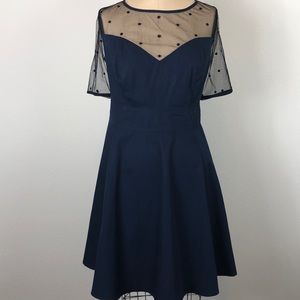 EUC Eshakti Navy Blue Dress Black Sheer Polka DotDetail fully lined W pockets 16
